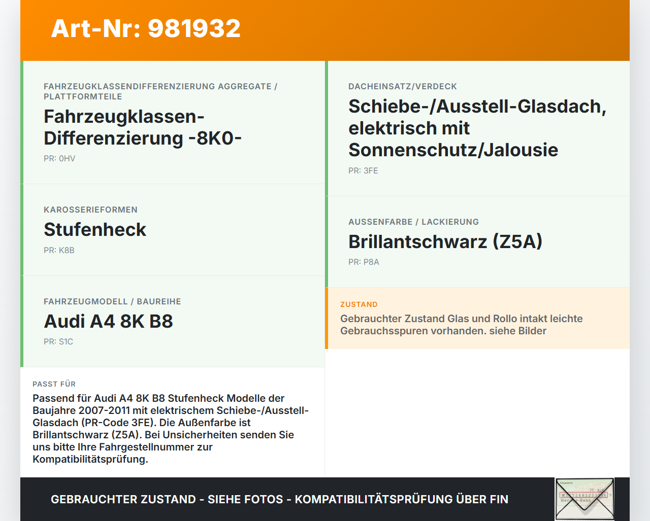 Audi A4 8K B8 07-11 Schiebedach Audi A4 8K B8 07-11 11.11.2008 8K5877255A 8K5877255AV39 8K5877041 8K5877041V39 17... Vorschau 3