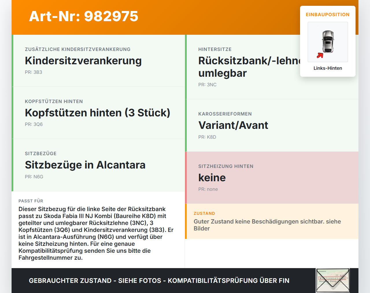 Skoda Fabia III NJ 17-22 Kombi Sitzbezug Sitzpolster Links für Rücksitzbank Hinten Skoda Fabia III NJ 17-22... Vorschau 3