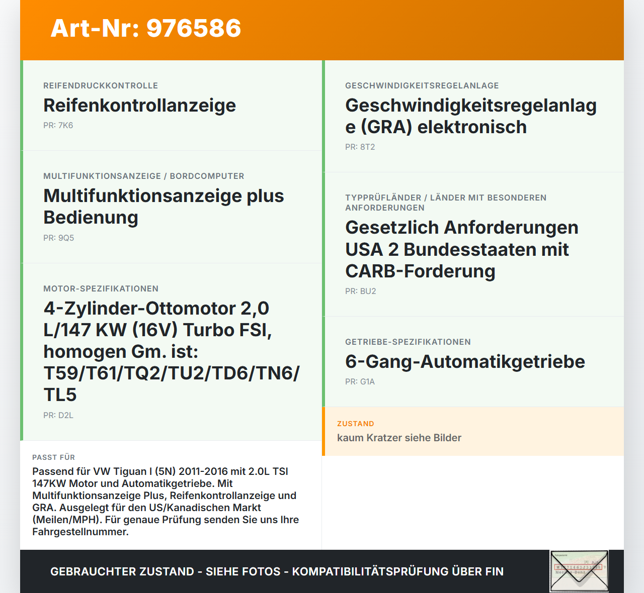 VW Tiguan I 5N 11-16 TSI 2,0 147KW Kombiinstrument Tacho VW Tiguan I 5N 11-16 20.08.2013 f5N0920973E 5N0920973E... Vorschau 3
