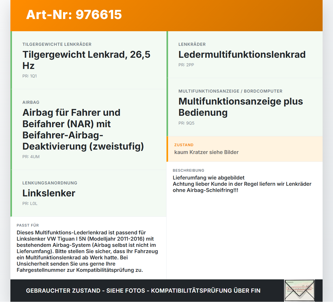 VW Tiguan I 5N 11-16 Lenkrad ohne Airbag Multifunktion Leder VW Tiguan I 5N 11-16 20.08.2013 1T0419091AC 61978150G... Vorschau 3