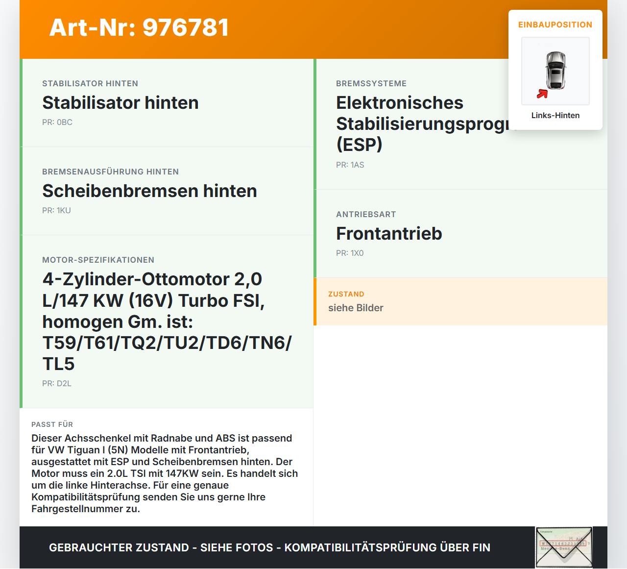 VW Tiguan I 5N 11-16  TSI 2,0 147KW Achsschenkel Radnabe mit ABS Links Hinten VW Tiguan I 5N 11-16 20.08.2013... Vorschau 3
