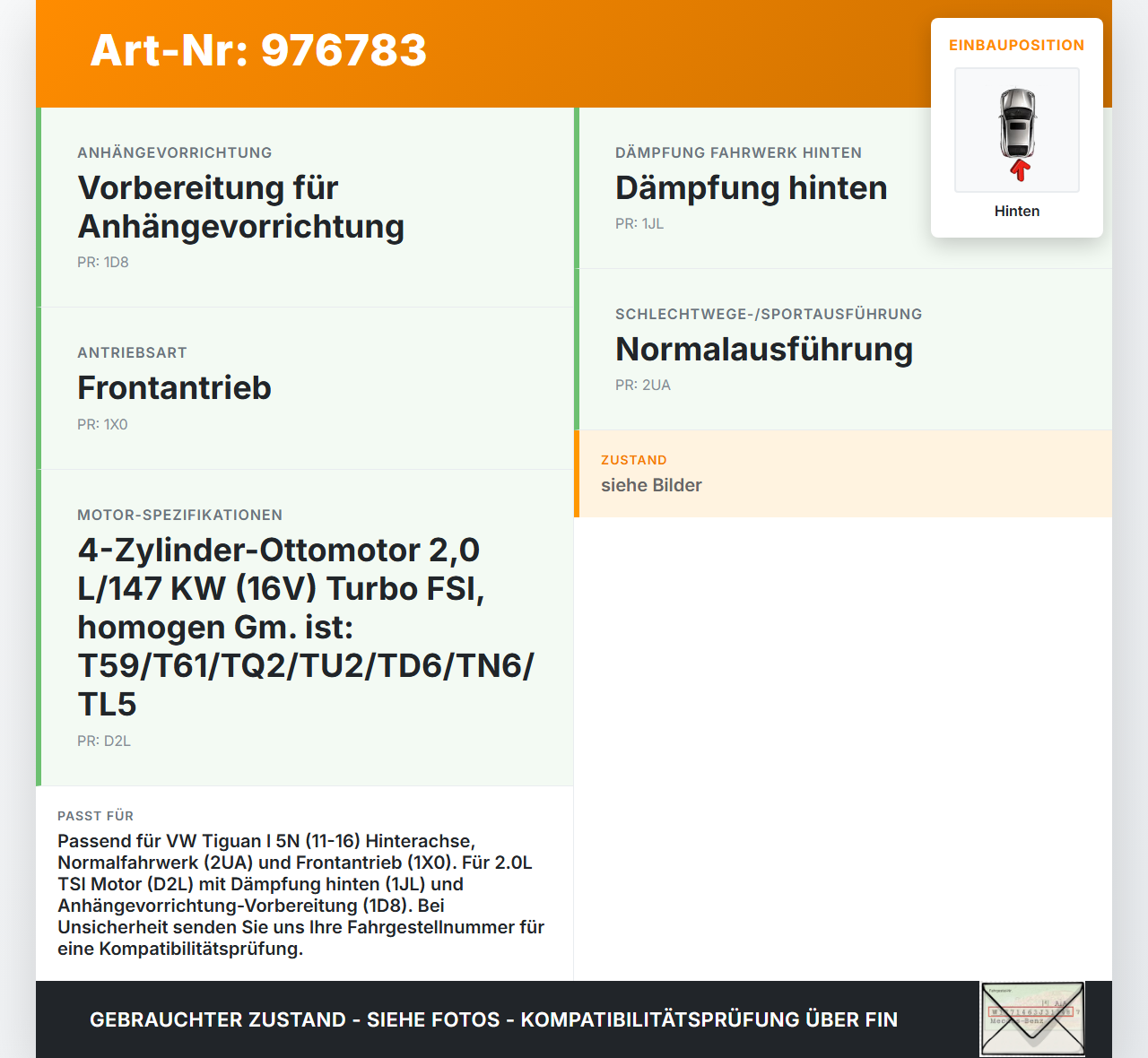 VW Tiguan I 5N 11-16 Beide Feder Federn Hinten VW Tiguan I 5N 11-16 20.08.2013 3C0511115AD gebraucht Vorschau 3
