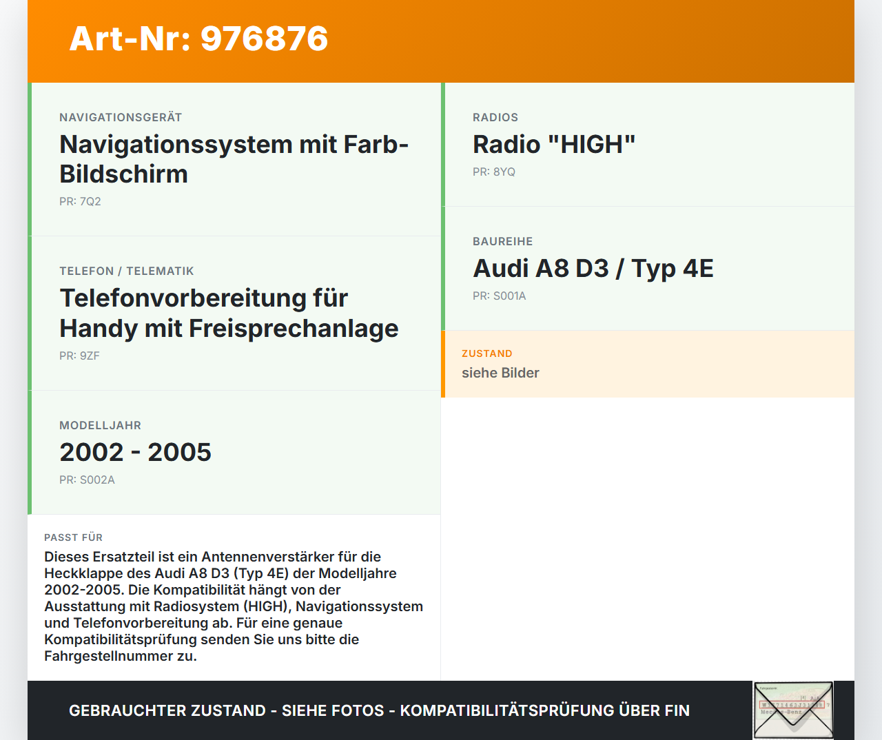 Audi A8 D3 4E qu 02-05 Antennenverstärker Weiche Antenne Amplifier Heckklappe Audi A8 D3 4E qu 02-05 21.02.2005... Vorschau 3