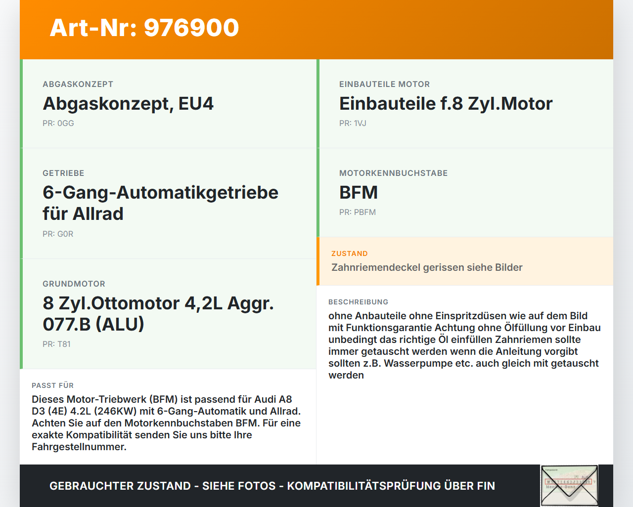Audi A8 D3 4E qu 02-05 4,2 246KW BFM Motor Triebwerk Audi A8 D3 4E qu 02-05 21.02.2005 a077100031DX gebraucht Vorschau 3