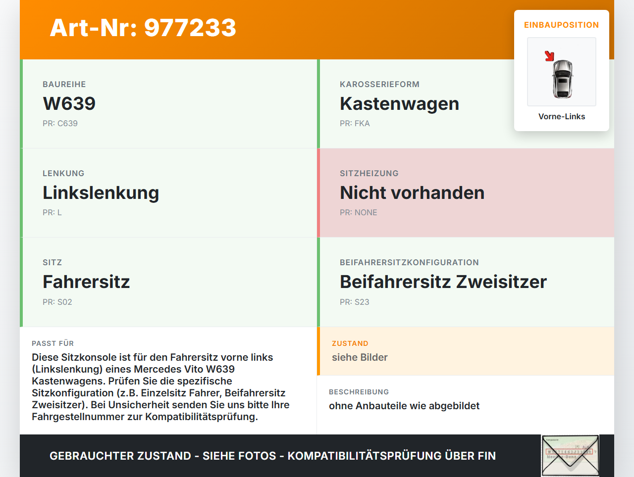 Mercedes Vito W639 10-14 Kasten Sitzkonsole für Fahrersitz Vorne Links Mercedes Vito W639 10-14 24.01.2013 gebraucht Vorschau 3