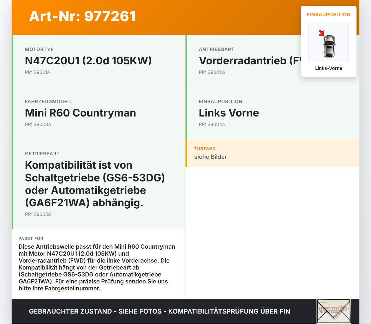 Mini R60 Countryman 10-16 1,6d 82kwKW Antriebswelle Gelenkwelle Links Vorne Mini R60 Countryman 10-16 08.11.2011... Vorschau 3