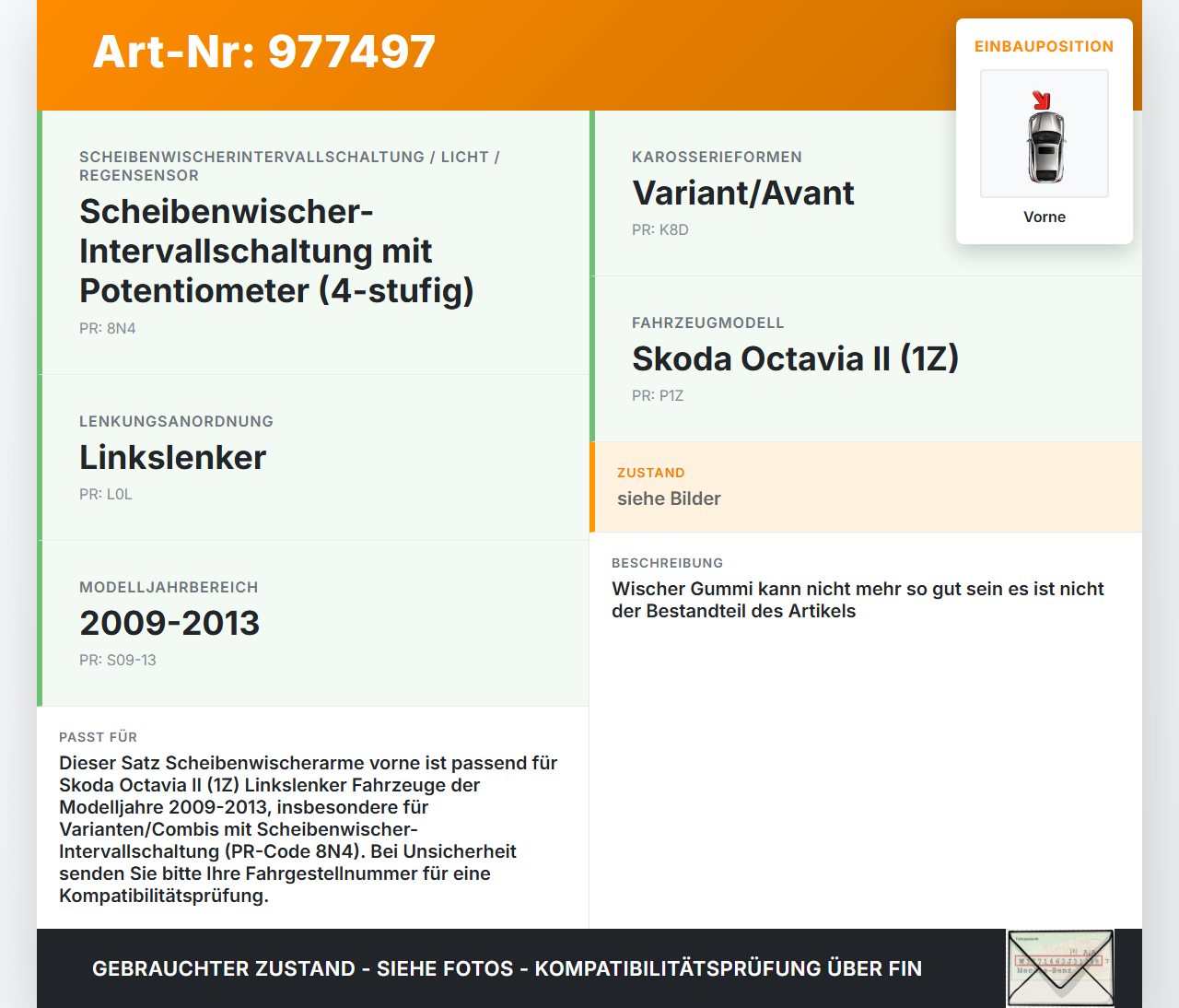 Skoda Octavia II 1Z 09-13 2x Scheibenwischer Wischarm Vorne Skoda Octavia II 1Z 09-13 27.09.2009 1Z1955409A gebraucht Vorschau 3