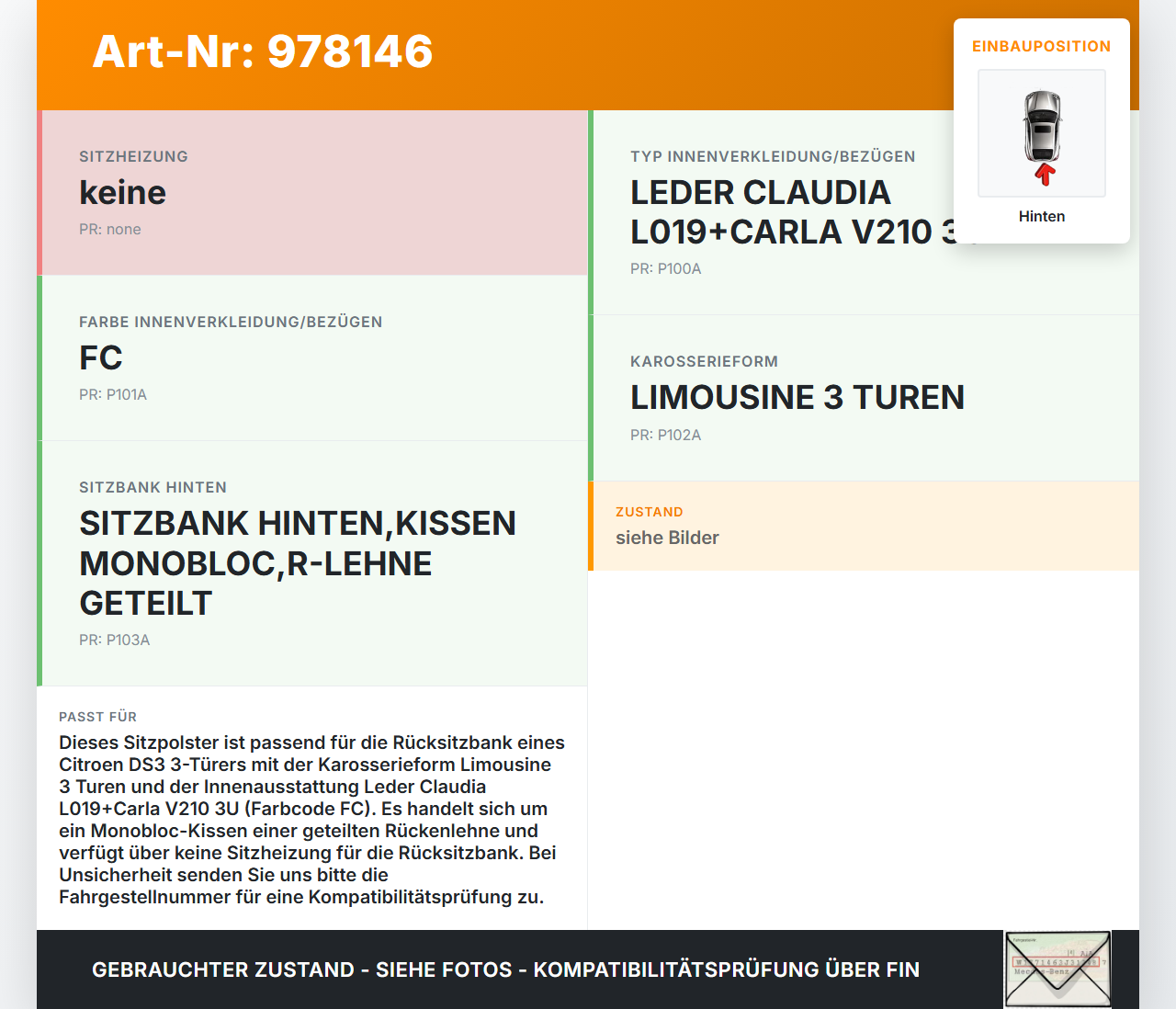 Citroen DS3 10-16 3T Sitzpolster für Rücksitzbank Hinten Leder Citroen DS3 10-16 08.11.2010 gebraucht Vorschau 3