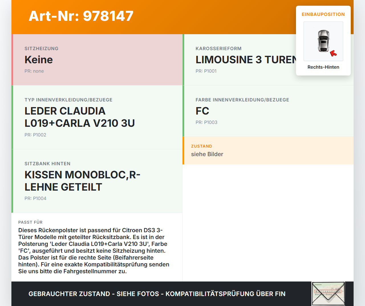 Citroen DS3 10-16 3T Rückenpolster Rechts für Rücksitzbank Hinten Citroen DS3 10-16 08.11.2010 892534 gebraucht Vorschau 3