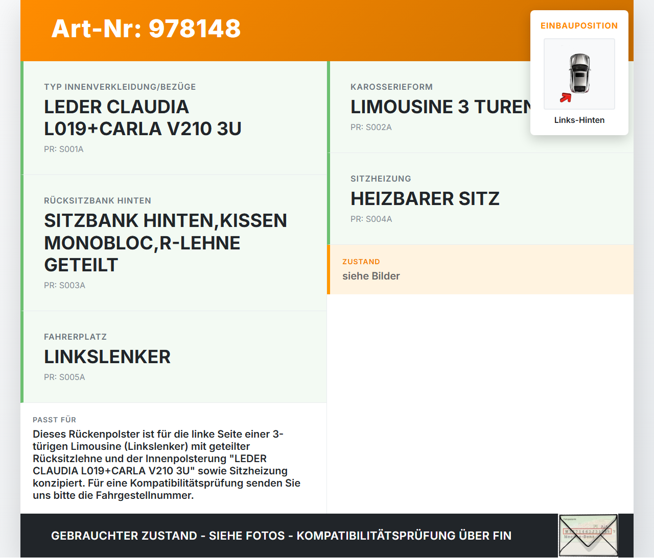 Citroen DS3 10-16 3T Rückenpolster Links für Rücksitzbank Hinten Citroen DS3 10-16 08.11.2010 892533 gebraucht Vorschau 3