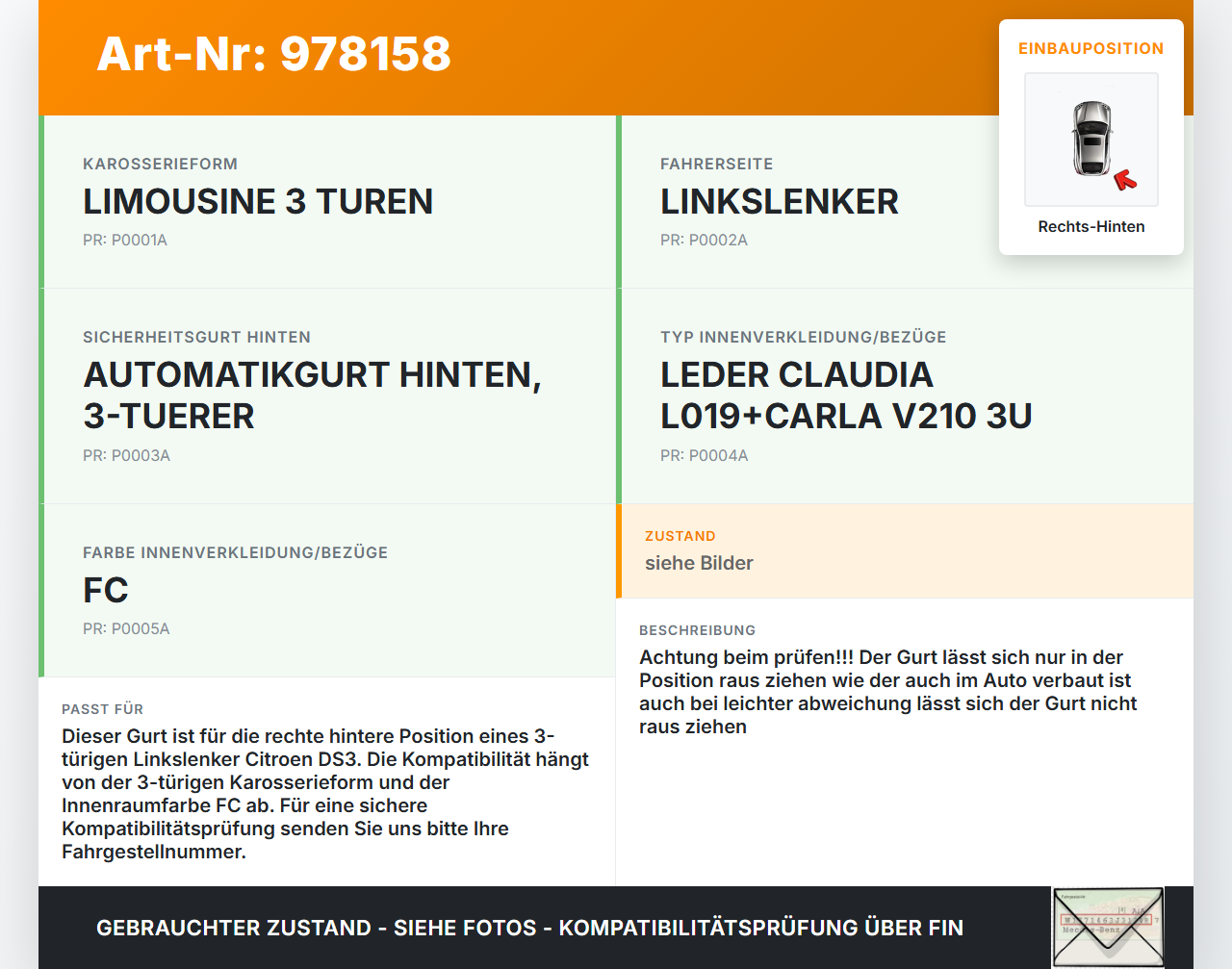 Citroen DS3 10-16 3T Gurt Sicherheitsgurt Rechts Hinten Citroen DS3 10-16 08.11.2010 8975TC 96819581XX 34045264... Vorschau 3