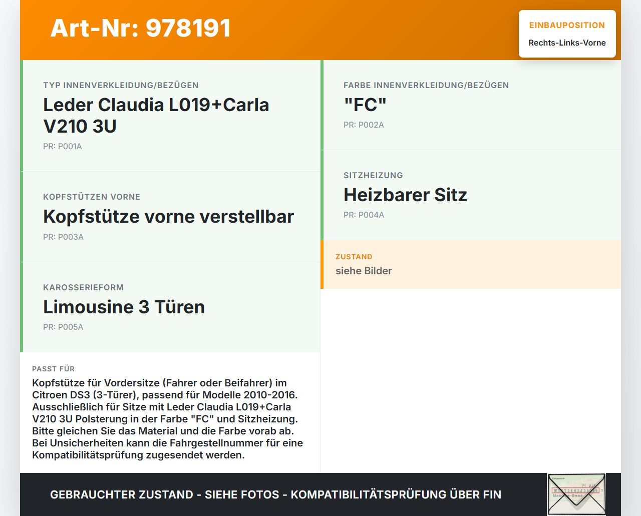 Citroen DS3 10-16 3T Kopfstütze für Beifahrer Sitz Rechts oder Links Vorne Citroen DS3 10-16 08.11.2010 8854GZ gebraucht Vorschau 3