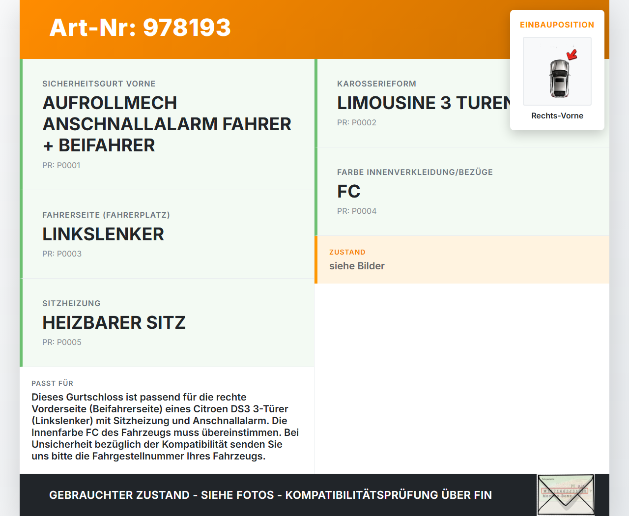 Citroen DS3 10-16 3T Gurtschloss Rechts Vorne Citroen DS3 10-16 08.11.2010 9687393580 34067289 C080711 gebraucht Vorschau 3
