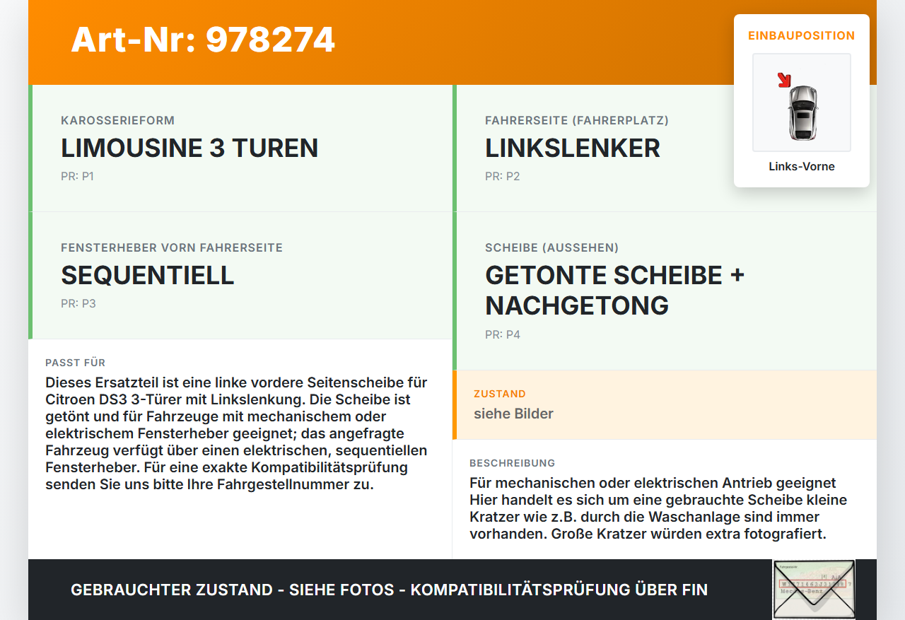 Citroen DS3 10-16 3T Seitenscheibe LVK Fenster Türscheibe Links Vorne Citroen DS3 10-16 08.11.2010 9201P8 gebraucht Vorschau 3