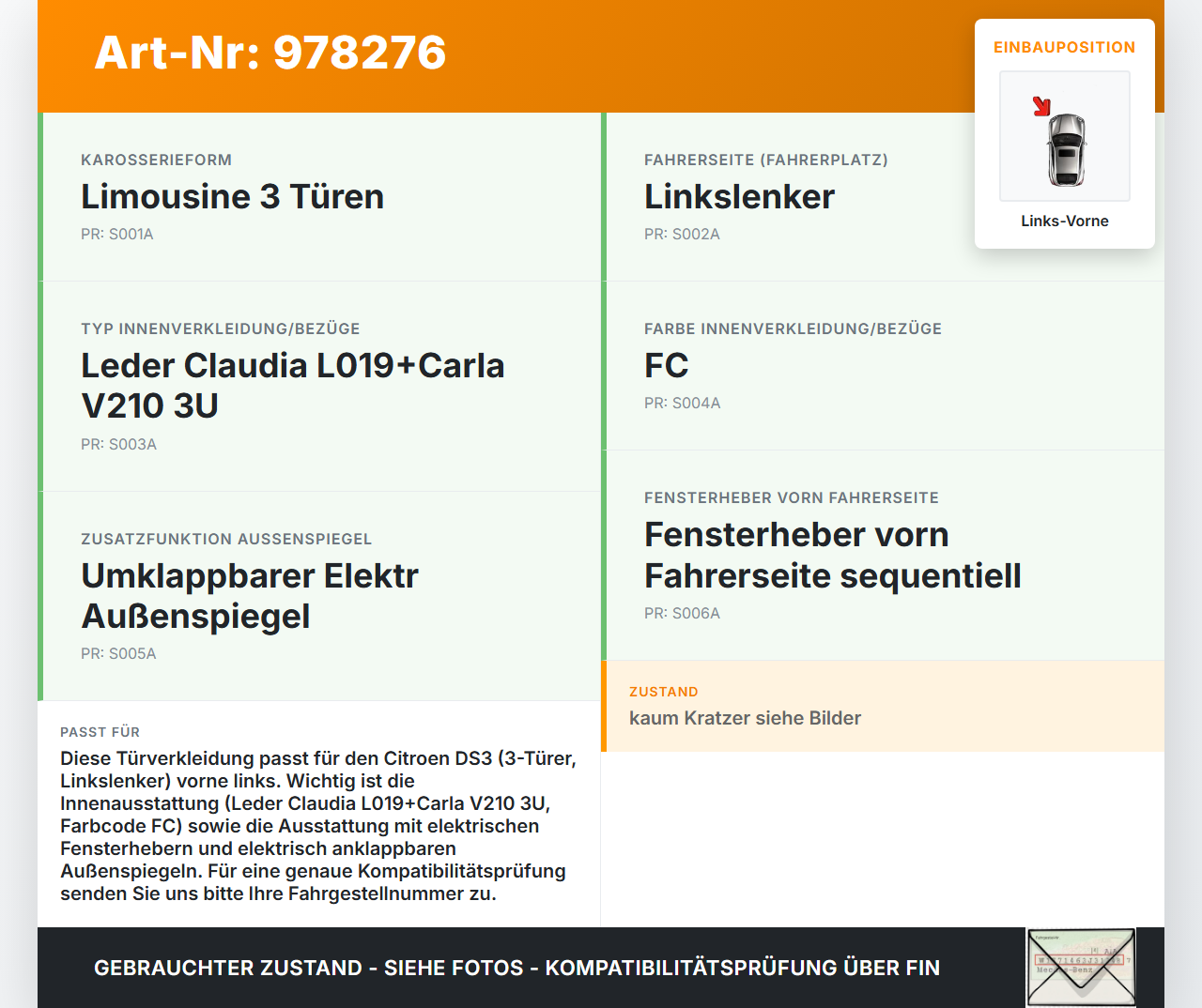 Citroen DS3 10-16 3T Türverkleidung Türpappe Links Vorne Citroen DS3 10-16 08.11.2010 9345HX gebraucht Vorschau 3