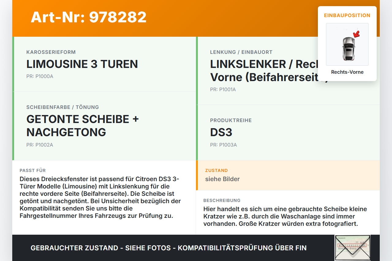 Citroen DS3 10-16 3T Seitenscheibe Dreieck Türscheibe Rechts Vorne Citroen DS3 10-16 08.11.2010 9202P8 gebraucht Vorschau 3