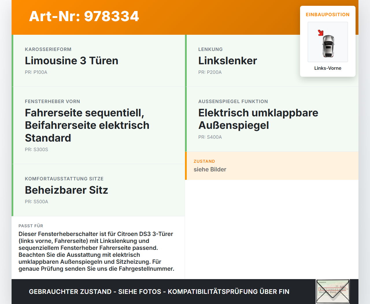 Citroen DS3 10-16 3T Fensterheberschalter Schalter Links Vorne Citroen DS3 10-16 08.11.2010 6490FG gebraucht Vorschau 3
