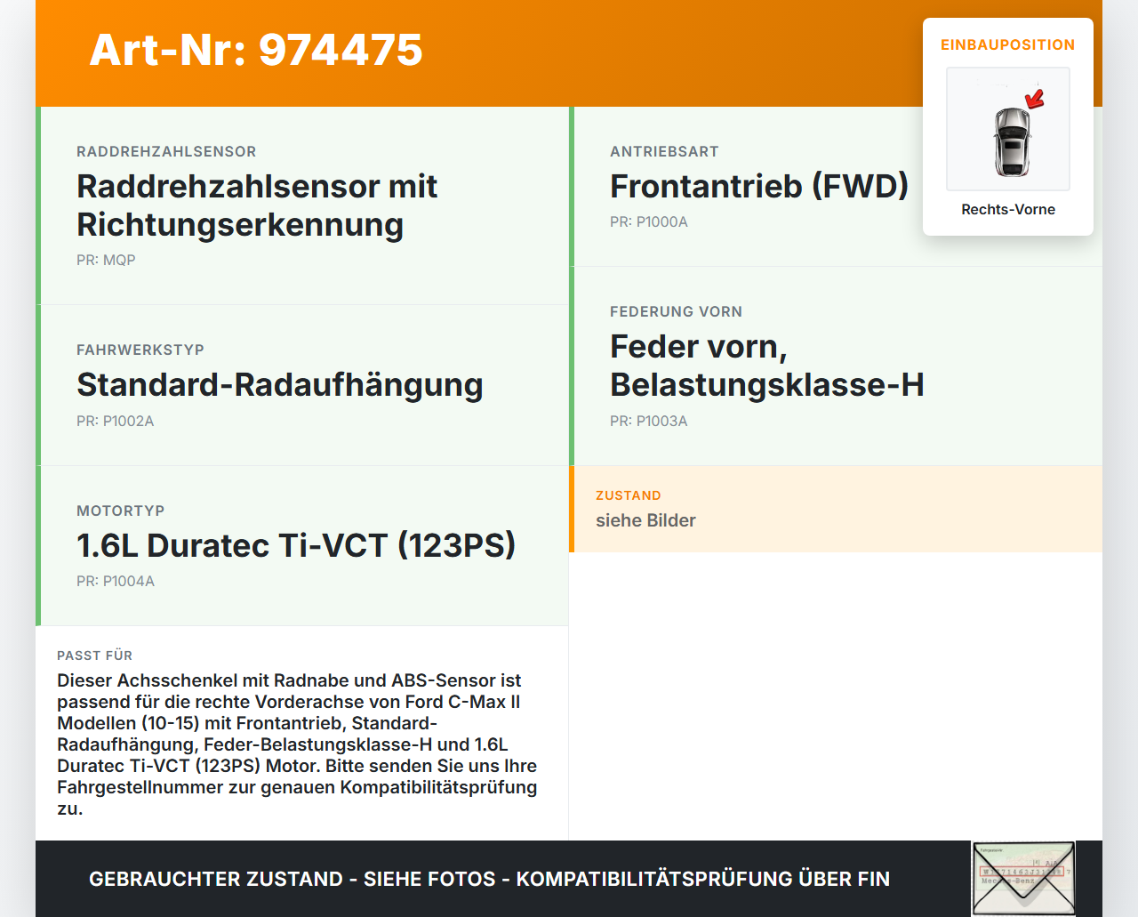Ford C-Max II 10-15 1,6 92KW Achsschenkel Radnabe mit ABS Rechts Vorne Ford C-Max II 10-15 01.09.2011 gebraucht Vorschau 3