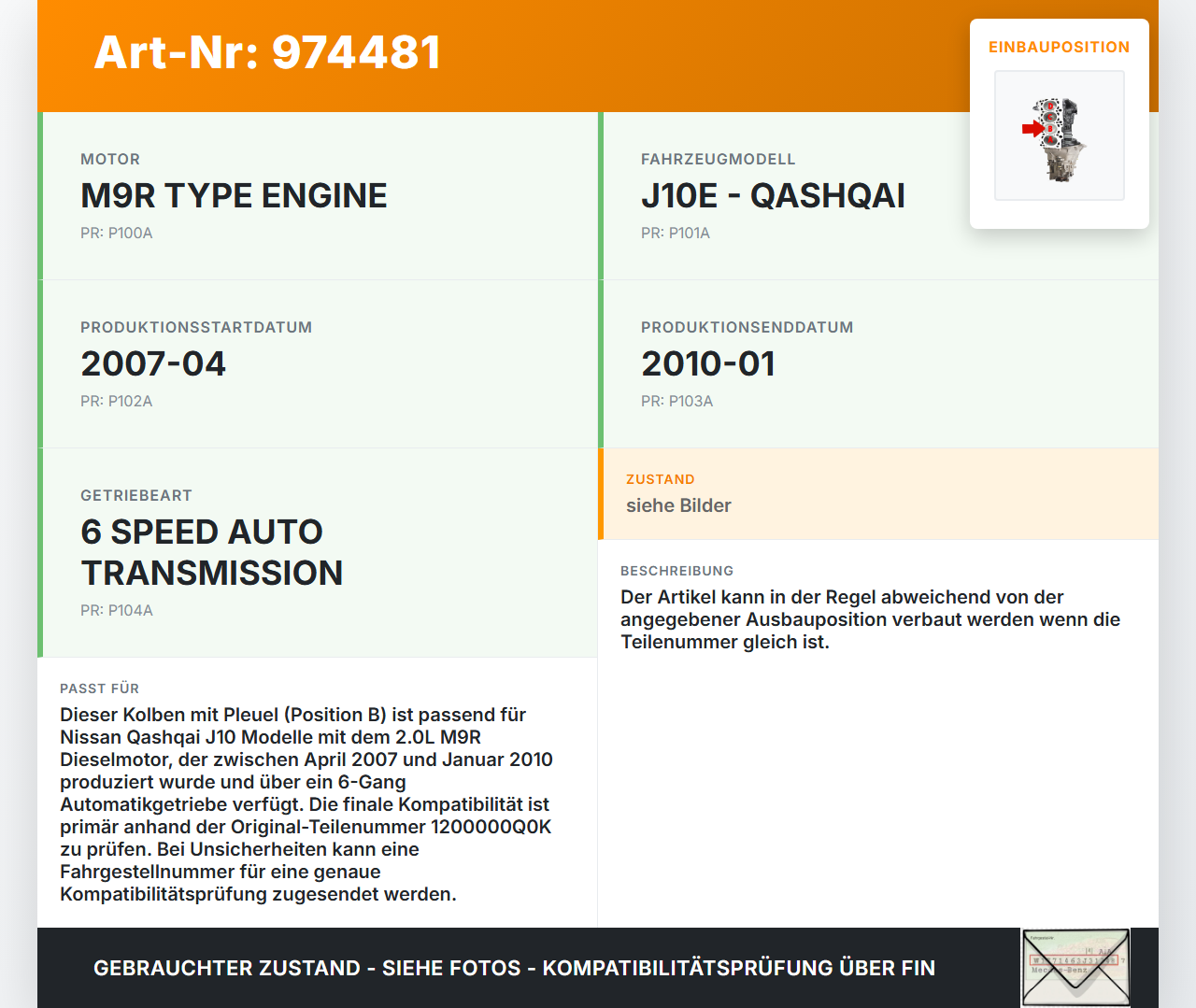 Nissan Qashqai J10 07-10 2,0  M9R Kolben mit Pleuel Pos B Nissan Qashqai J10 07-10 01.07.2008 1200000Q0K gebraucht Vorschau 3