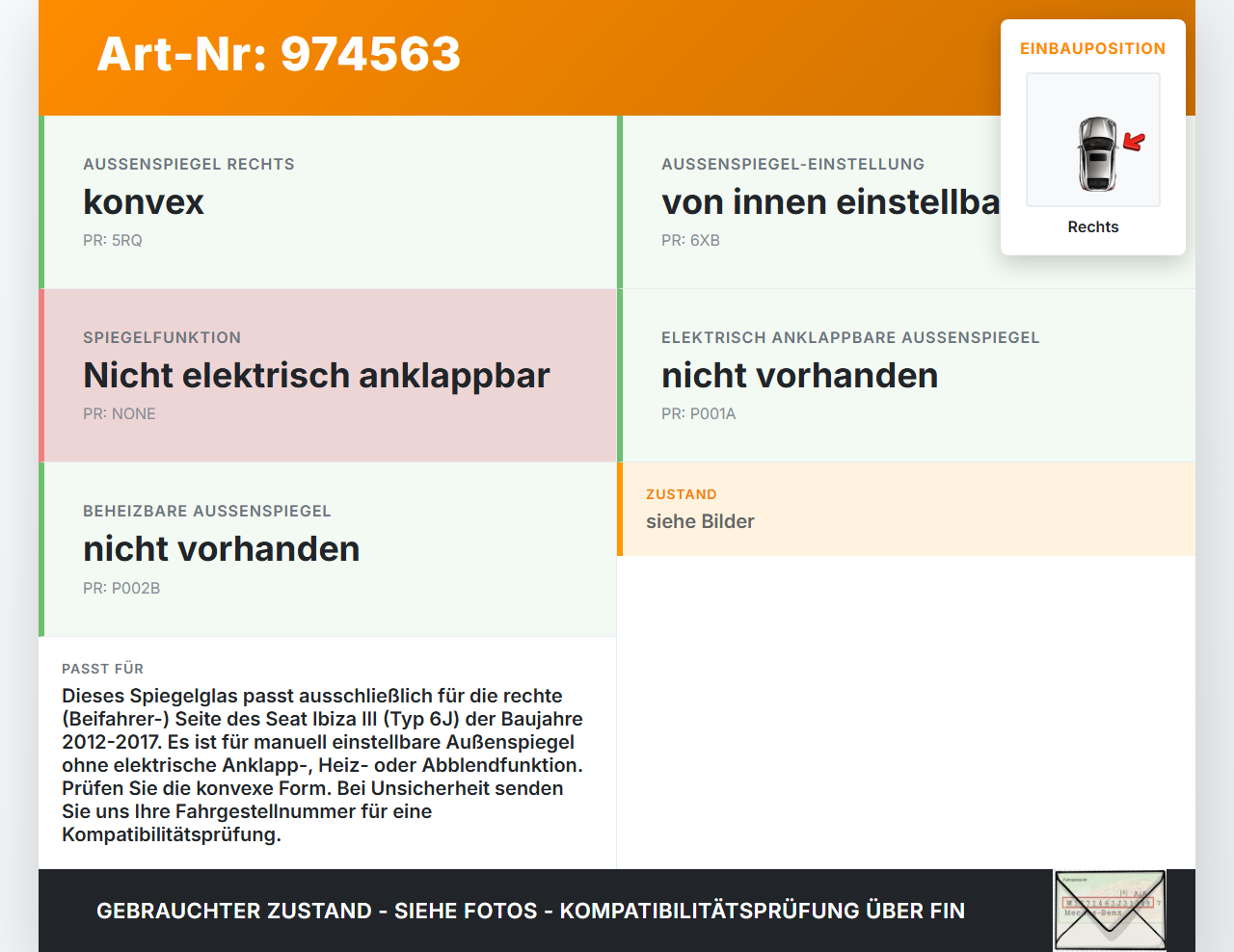 Seat Ibiza III 6J 12-17 Spiegel Aussenspiegel nur Glas Rechts Seat Ibiza III 6J 12-17 29.11.2017 6J0857522H... Vorschau 3