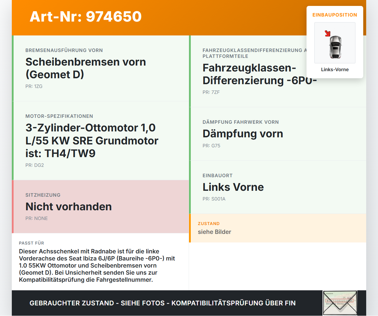 Seat Ibiza III 6J 12-17 1,0 55KW Achsschenkel Radnabe Links Vorne Seat Ibiza III 6J 12-17 29.11.2017 6Q0407255AC... Vorschau 3