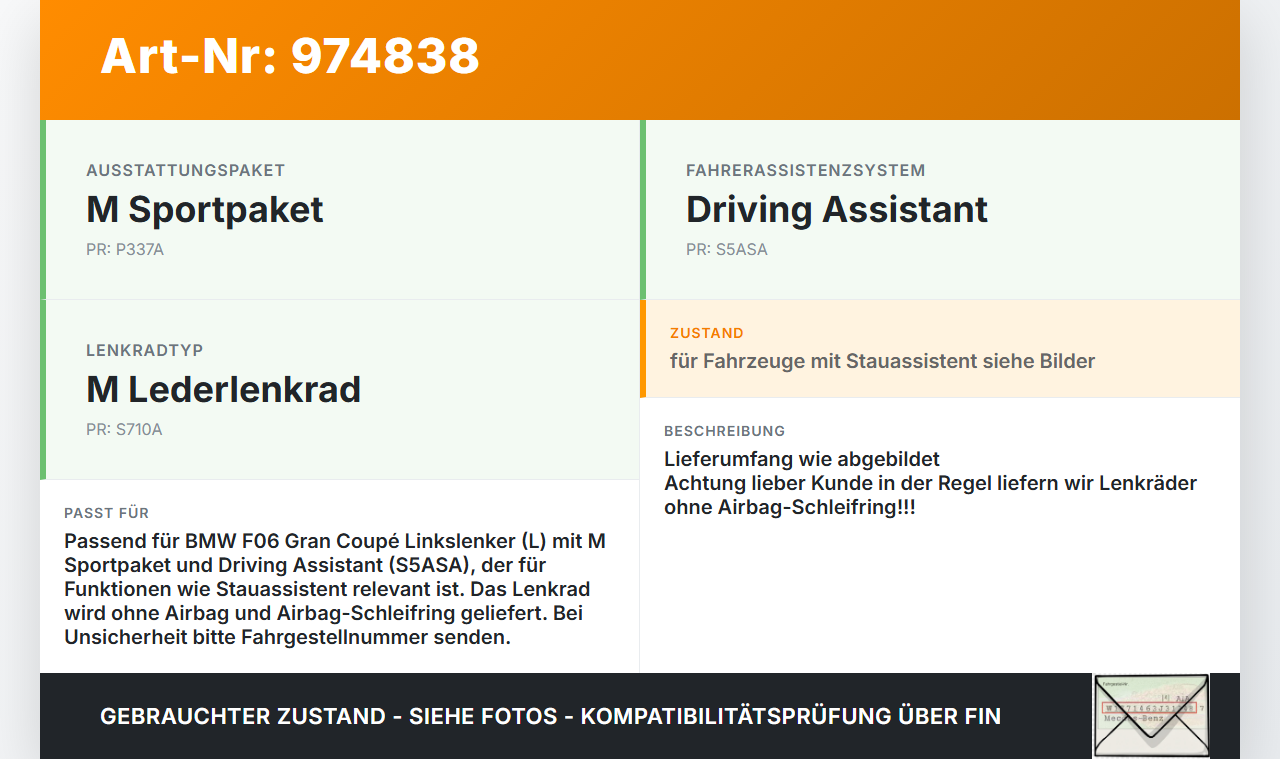 BMW F06 640d 12-18 Lenkrad Lederlenkrad M-Paket ohne Airbag BMW F06 640d 12-18 07.02.2018 7849179-07 3-373-F... Vorschau 3