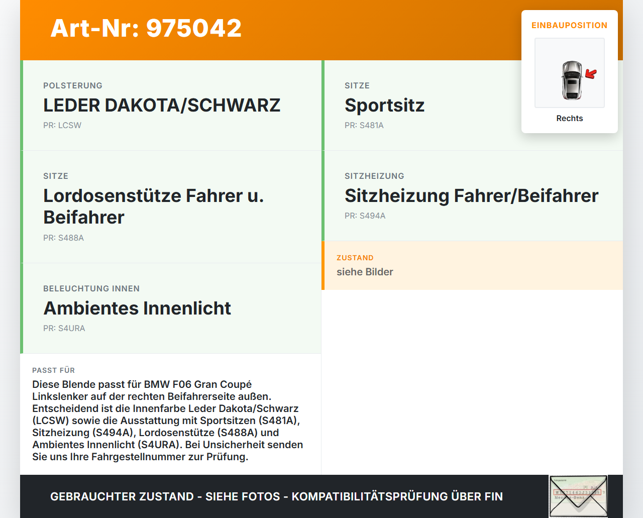 BMW F06 640d 12-18 Gran Coupe Blende Innen Seitenverkleidung für Beifahrer Sitz Rechts Aussen BMW F06 640d 12-18... Vorschau 3