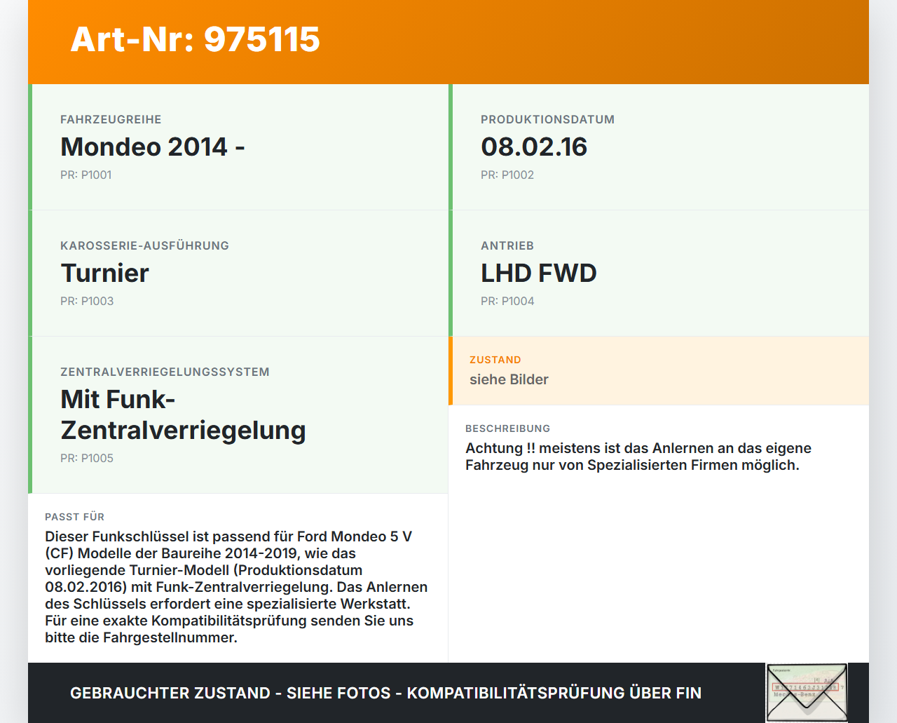 Ford Mondeo 5 V CF 14-19 Kombi ZV Schlüssel Funkschlüssel Ford Mondeo 5 V CF 14-19 29.04.2016 gebraucht Vorschau 3