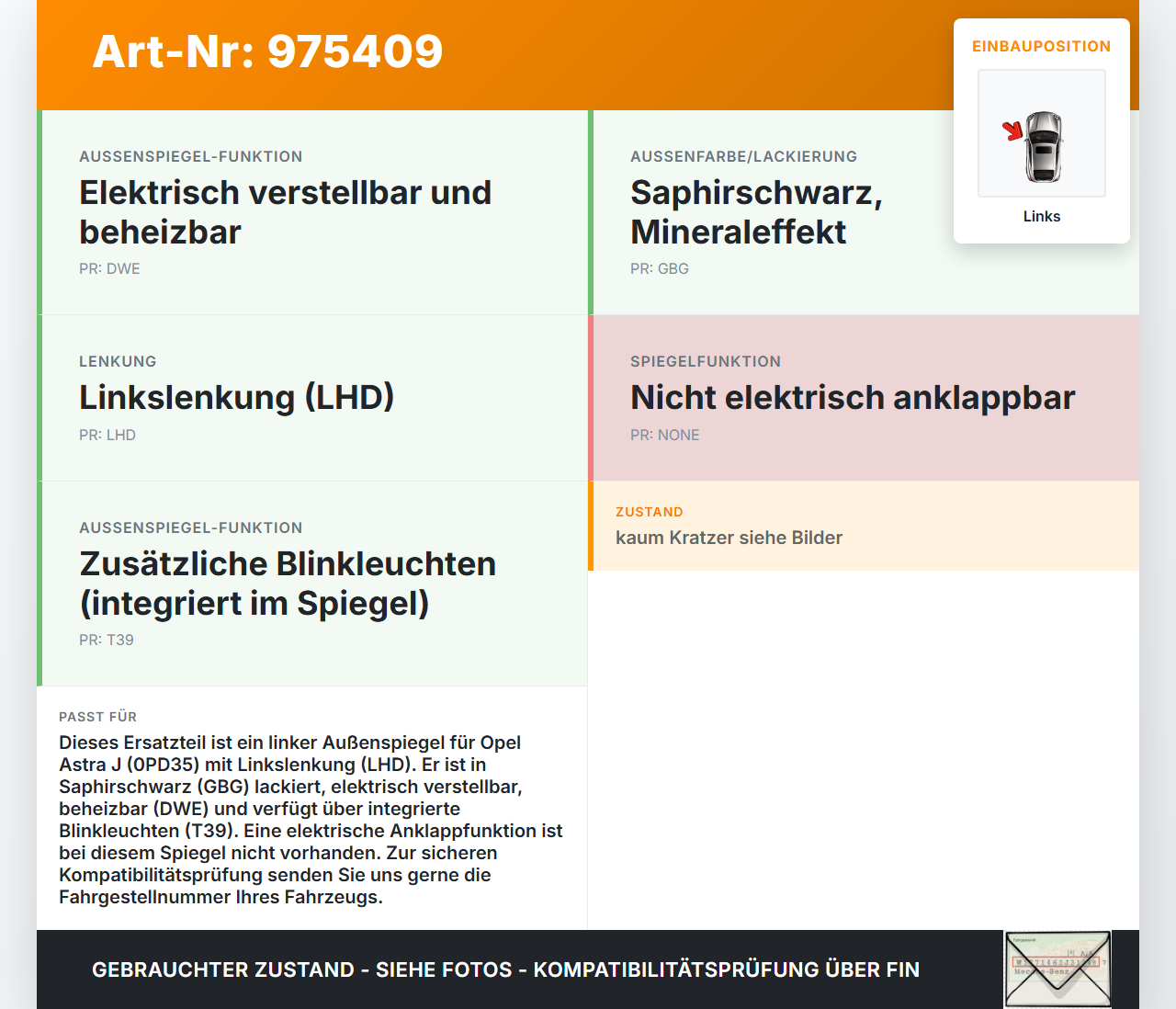 Opel Astra J 09-12 Spiegel Aussenspiegel Links GBG Opel Astra J 09-12 28.10.2011 13306357 gebraucht Vorschau 3