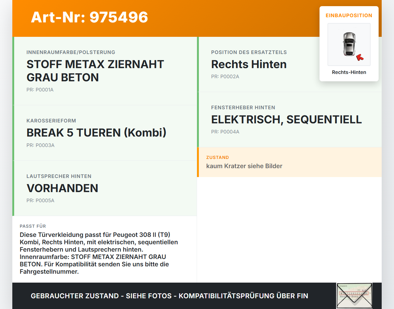 Peugeot 308 II 13-17 Kombi Türverkleidung Türpappe Rechts Hinten Peugeot 308 II 13-17 11.05.2015 gebraucht Vorschau 3