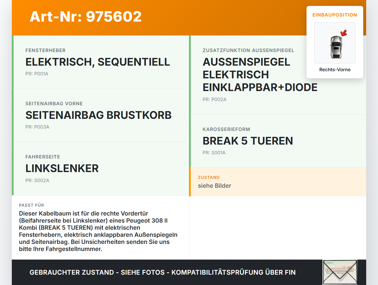 Peugeot 308 II 13-17 Kombi Kabelbaum für Tür und Fensterheber Rechts Vorne Peugeot 308 II 13-17 11.05.2015... Vorschau 3