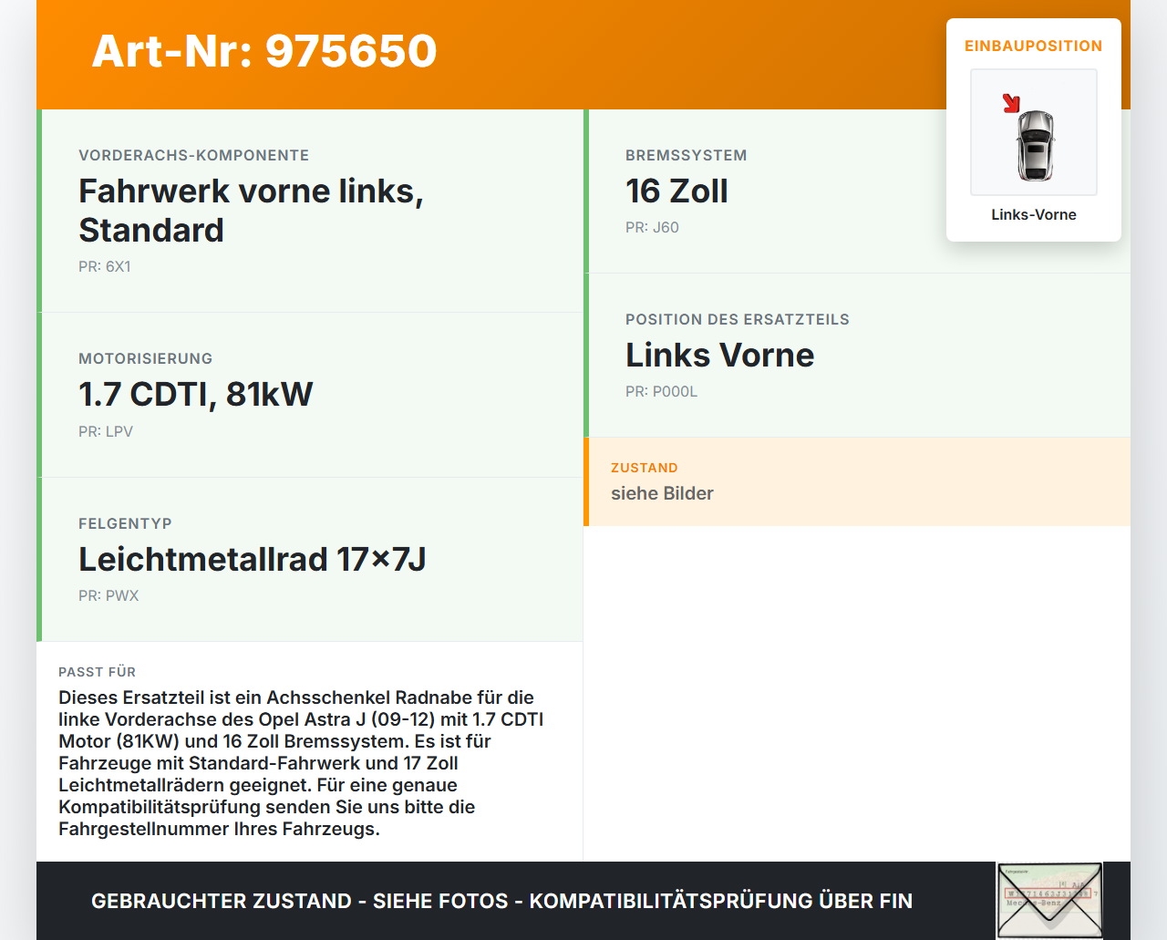Opel Astra J 09-12 CDTi 1,7 81KW Achsschenkel Radnabe Links Vorne Opel Astra J 09-12 28.10.2011 5352025 13319482... Vorschau 3