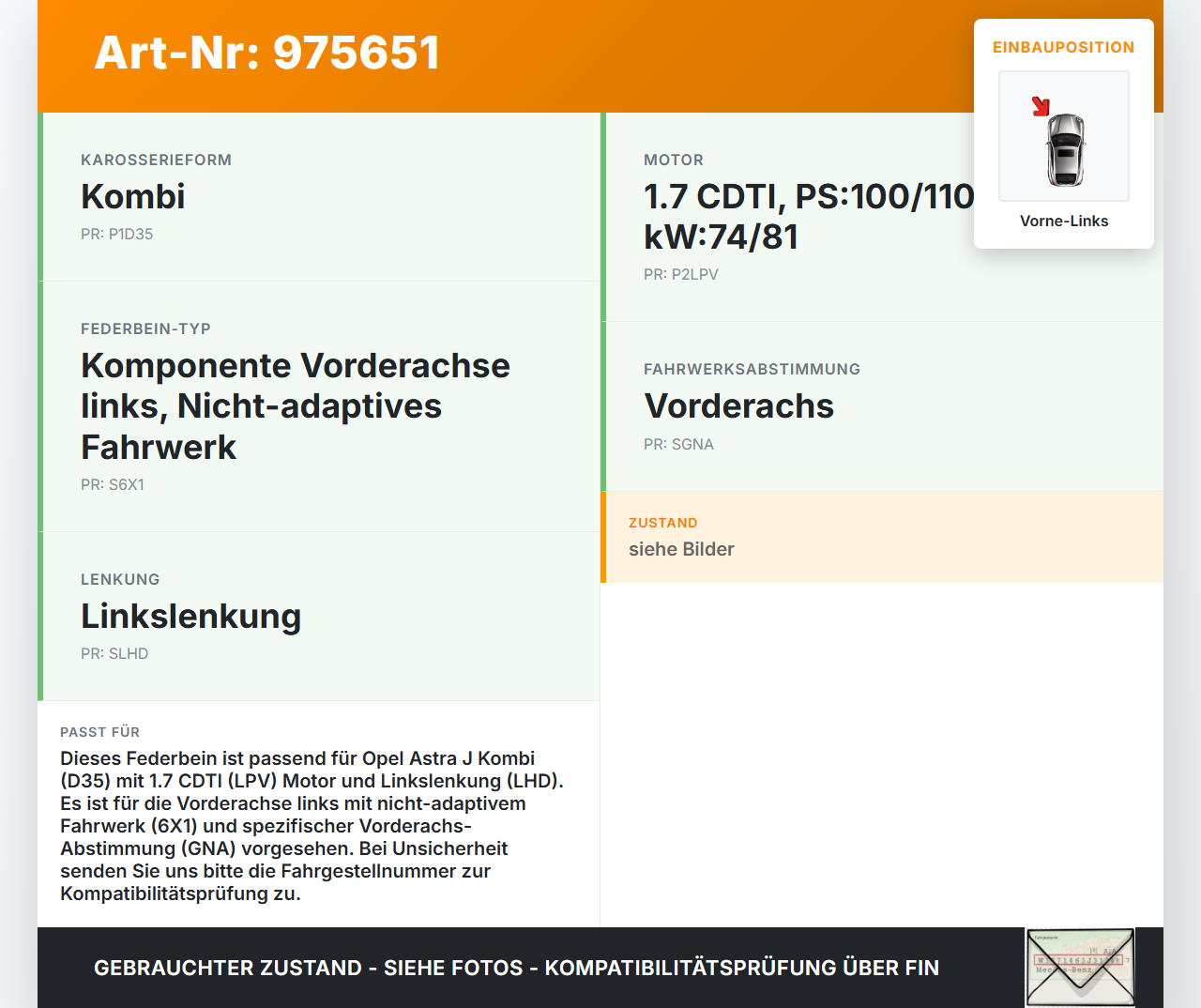 Opel Astra J 09-12 Kombi Federbein Stossdämpfer Vorne Links Opel Astra J 09-12 28.10.2011 13474019 3451400 13474017... Vorschau 3