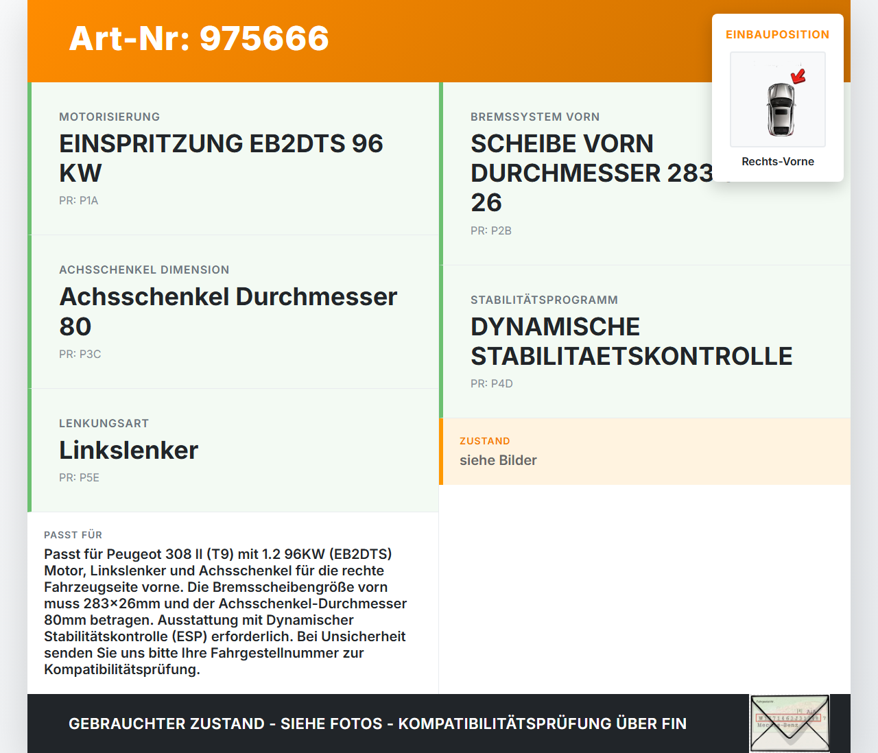 Peugeot 308 II 13-17 1,2 96KW Achsschenkel Radnabe Rechts Vorne Peugeot 308 II 13-17 11.05.2015 1610138080 gebraucht Vorschau 3