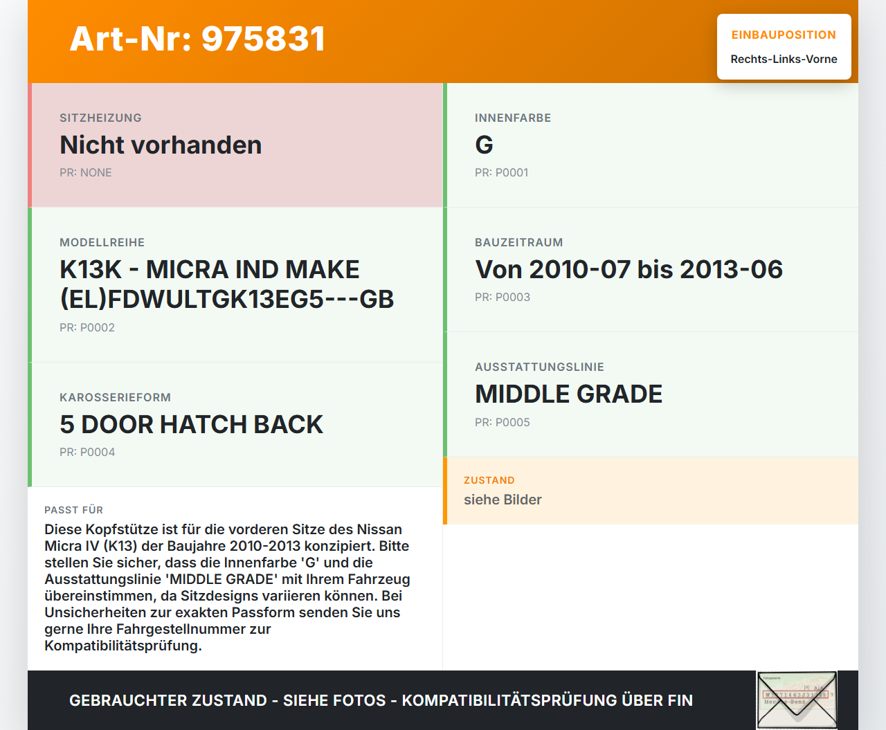 Nissan Micra IV K13 10-13 5T Kopfstütze für Beifahrer Sitz Rechts oder Links Vorne Nissan Micra IV K13 10-13... Vorschau 3