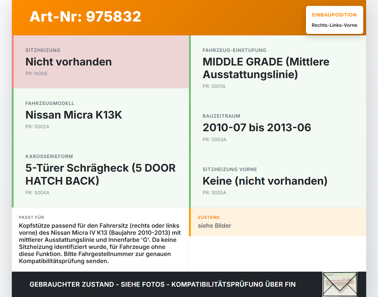 Nissan Micra IV K13 10-13 Kopfstütze für Fahrer Sitz Rechts oder Links Vorne Nissan Micra IV K13 10-13 01.08.2012... Vorschau 3