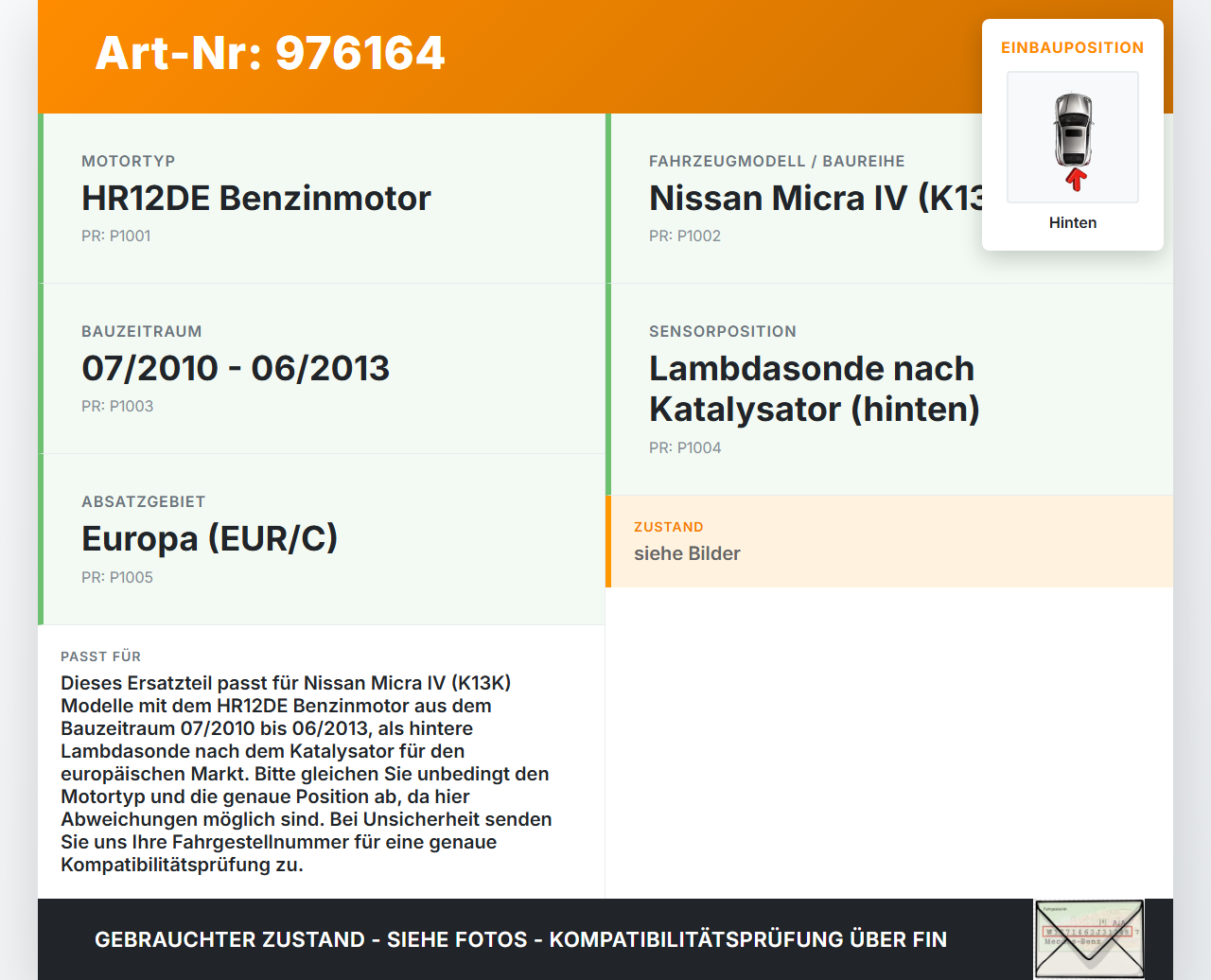Nissan Micra IV K13 10-13 1.2 KW Lambdasonde Hinten Nissan Micra IV K13 10-13 01.08.2012 HTNS-016 gebraucht Vorschau 3