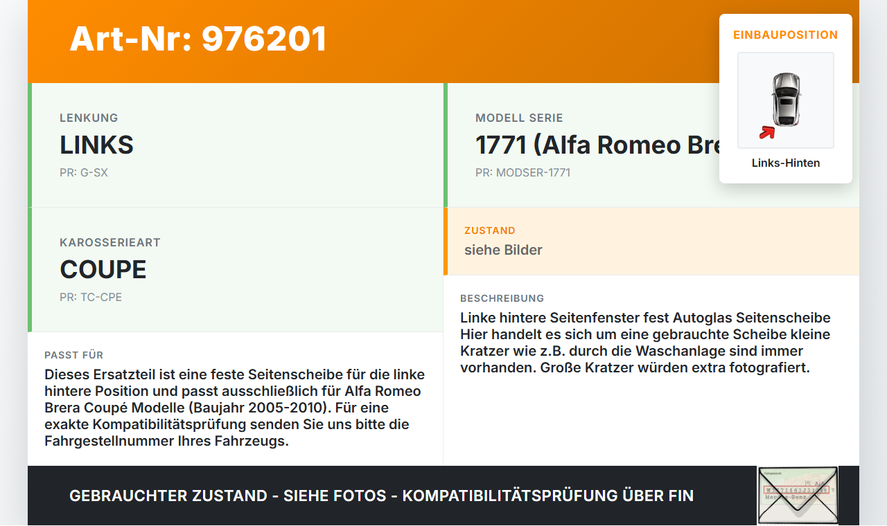 Alfa Romeo Brera 159 05-10 Coupe Seitenscheibe Feste Scheibe Links Hinten Alfa Romeo Brera 159 05-10 23.07.2010... Vorschau 3