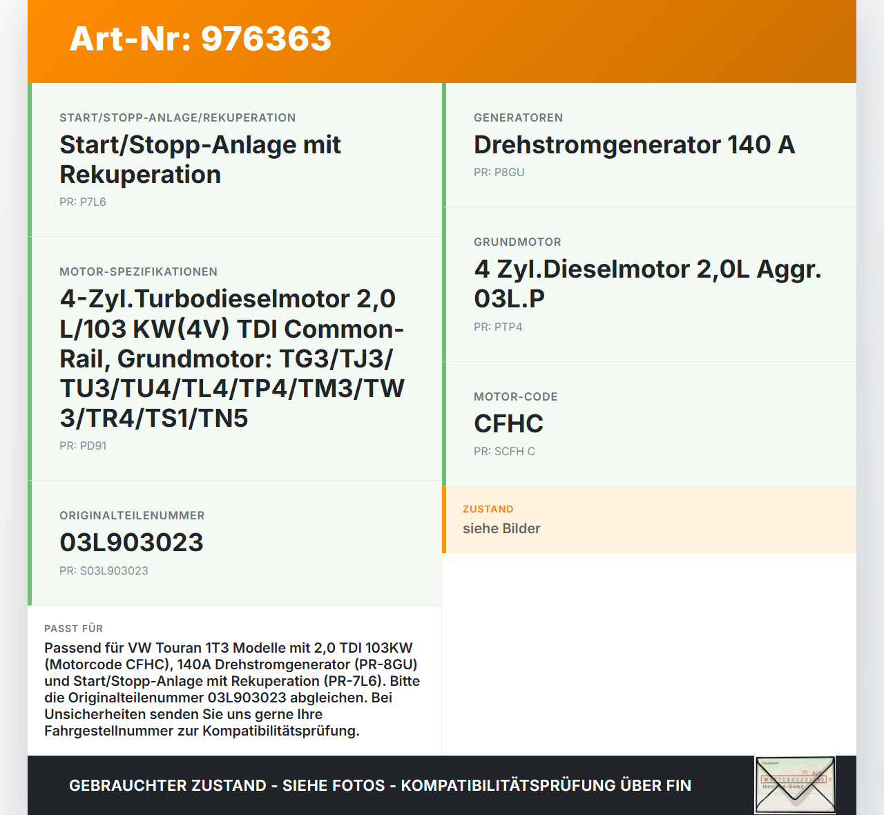 VW Touran 1T3 10-15 TDI 2,0 103KW Lichtmaschine Generator 140A VW Touran 1T3 10-15 20.06.2013 03L903023 0124525187... Vorschau 3