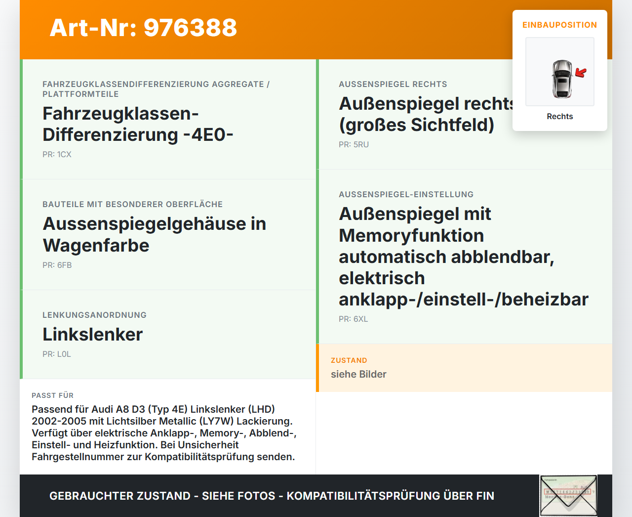 Audi A8 D3 4E qu 02-05 Spiegel Aussenspiegel Rechts Elektrochrom Memory Elektr. Klappbar LY7W Audi A8 D3 4E qu... Vorschau 3