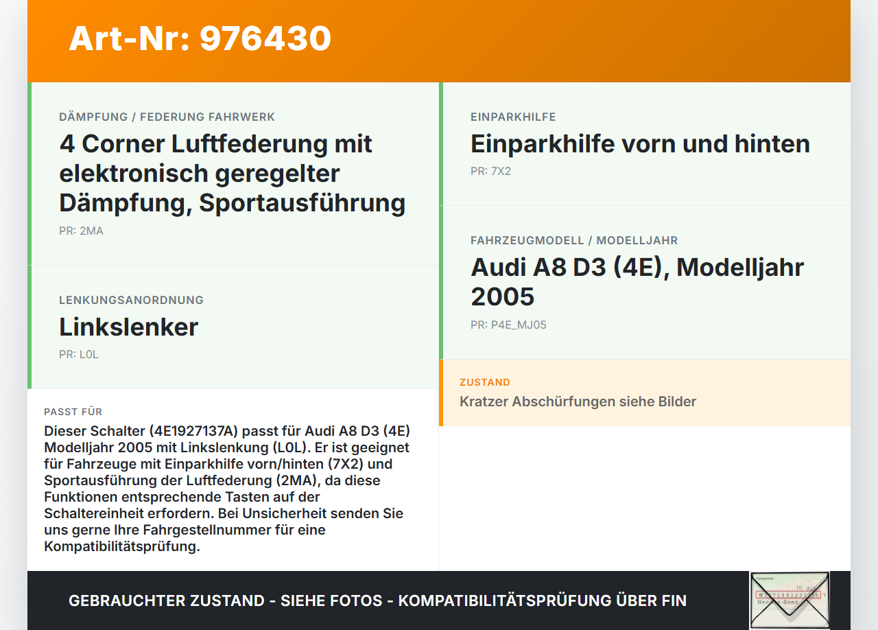 Audi A8 D3 4E qu 02-05 Schalter ESP Off Warnblinkschalter Audi A8 D3 4E qu 02-05 21.02.2005 4E1927137EJ 4E1927137A... Vorschau 3