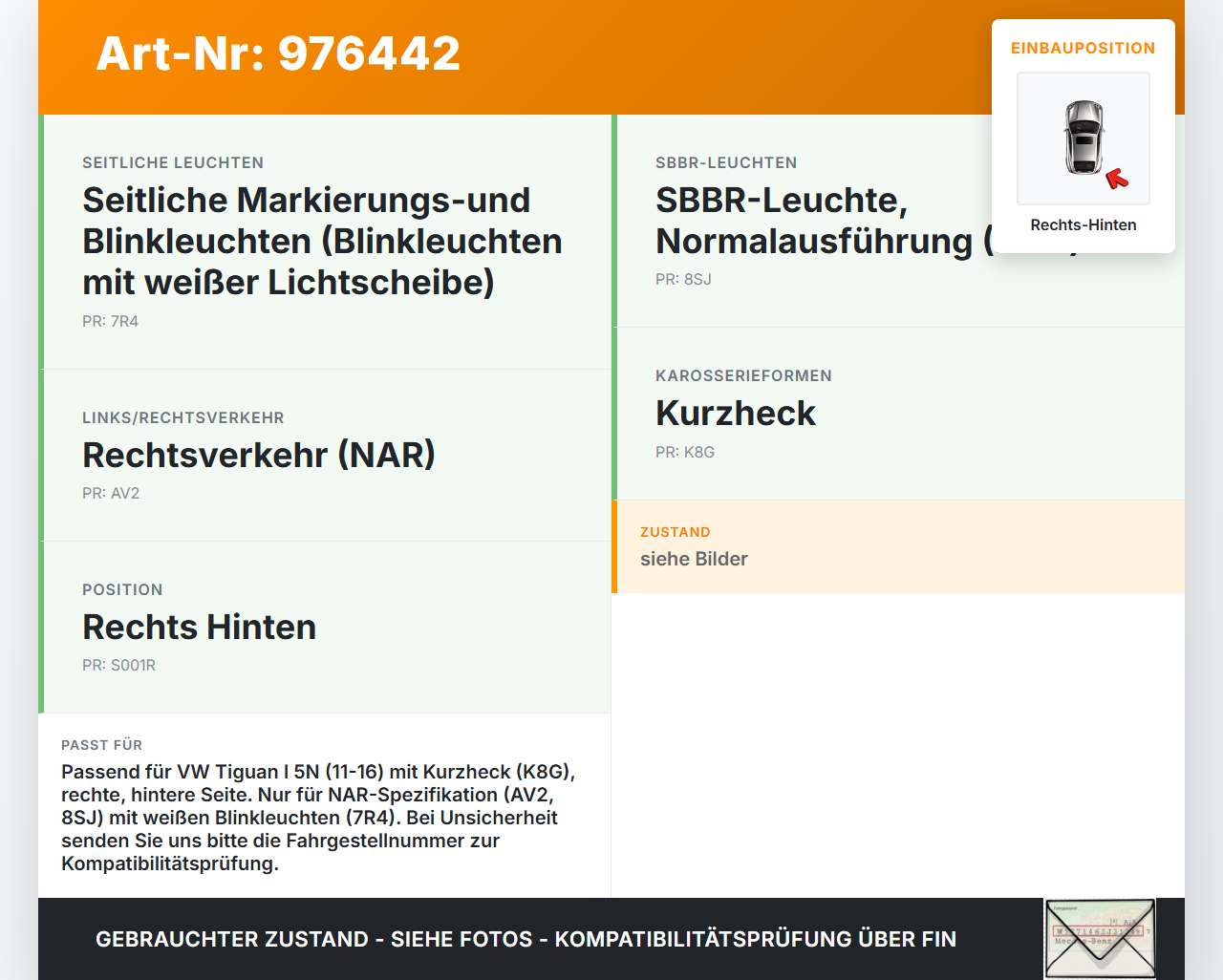 VW Tiguan I 5N 11-16 Rückfahrleuchte Rechts Hinten VW Tiguan I 5N 11-16 20.08.2013 gebraucht Vorschau 3