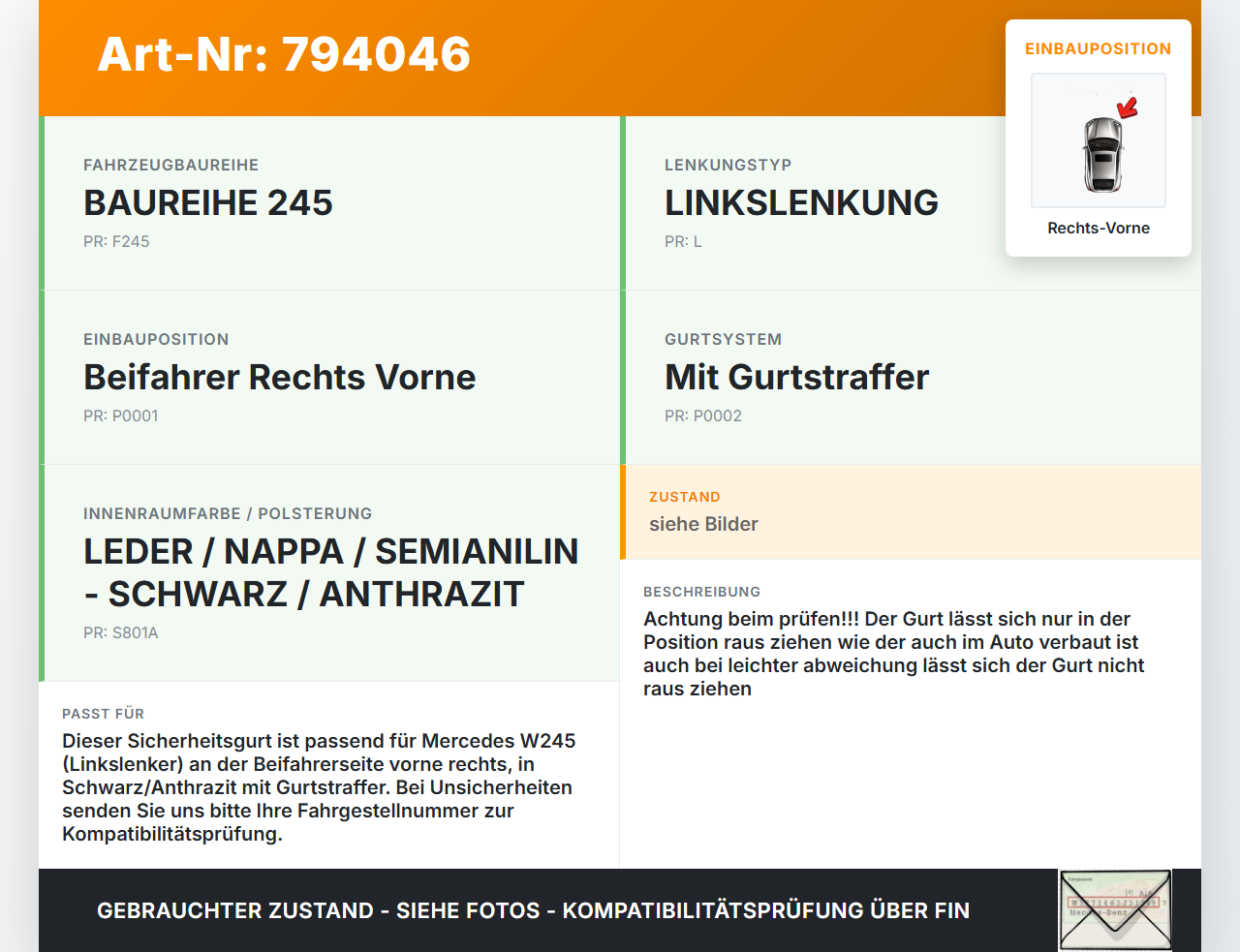Mercedes W245 08-11 Gurt Sicherheitsgurt Gurtstraffer Beifahrer Rechts Vorne Mercedes W245 08-11 10.03.2009... Vorschau 3