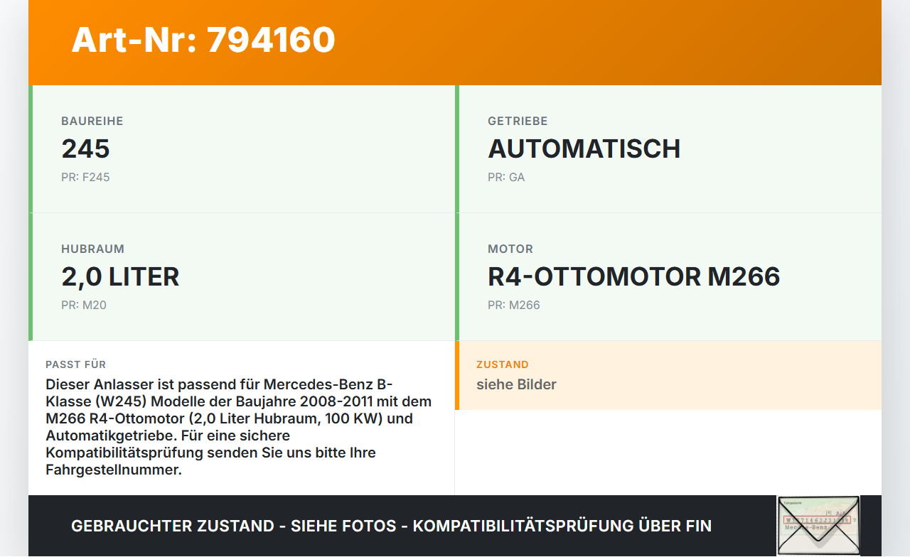 Mercedes W245 08-11 2,0 100KW Autom Anlasser Starter Mercedes W245 08-11 10.03.2009 A0061510301 0061510301 gebraucht Vorschau 3
