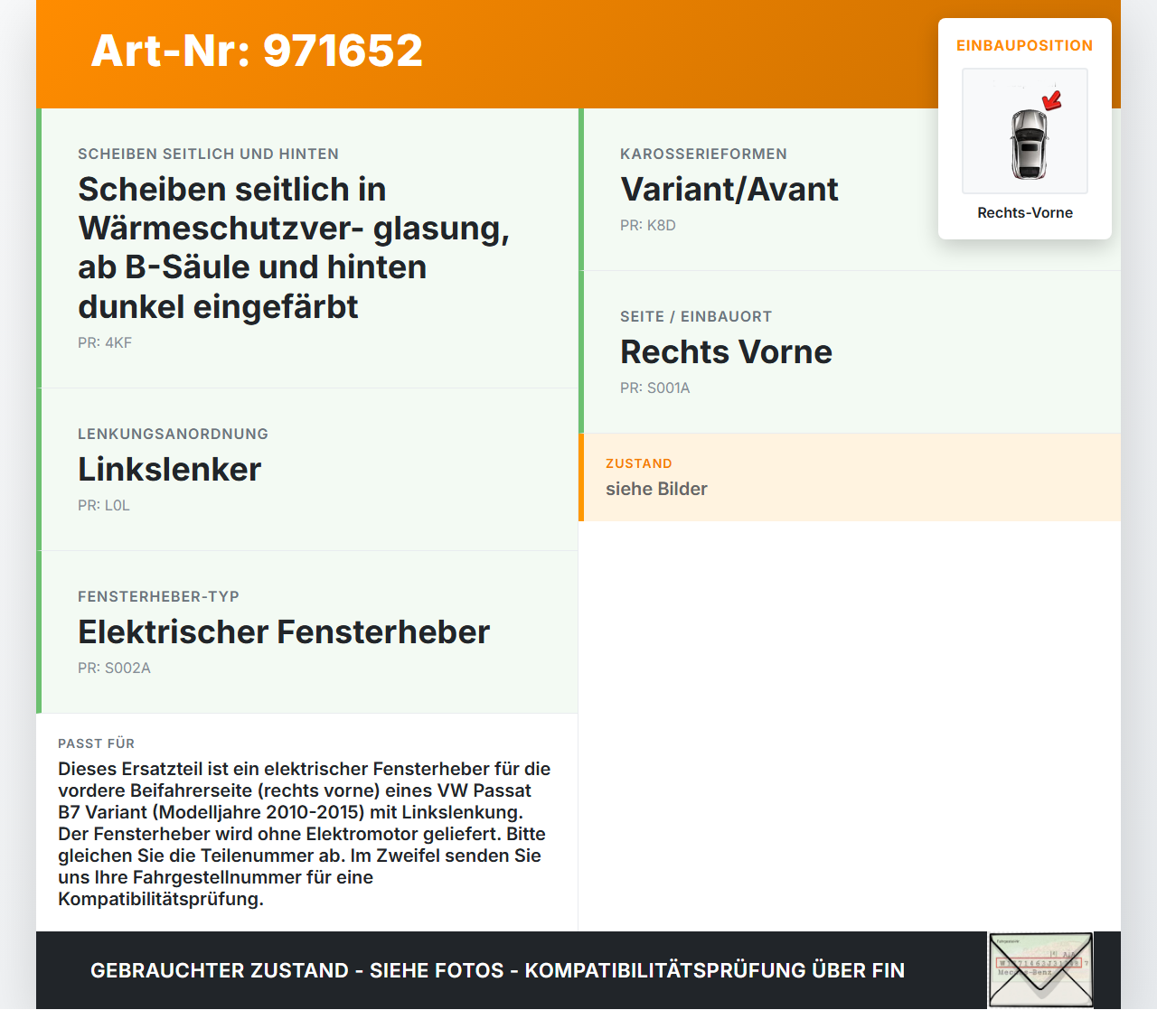VW Passat 3C B7 10-15 Kombi Fensterheber o. FH-Motor Rechts Vorne VW Passat 3C B7 10-15 04.07.2013 3AA837462C... Vorschau 3