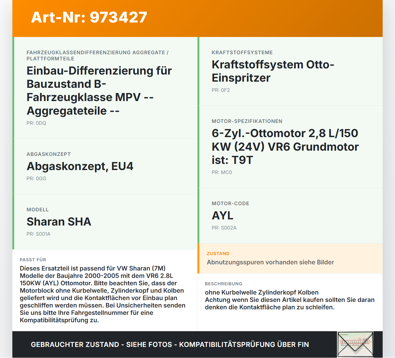 VW Sharan 7M 00-05 VR6 2,8 150KW AYL Motorblock für Motor VW Sharan 7M 00-05 24.08.2001 022103011P gebraucht Vorschau 3