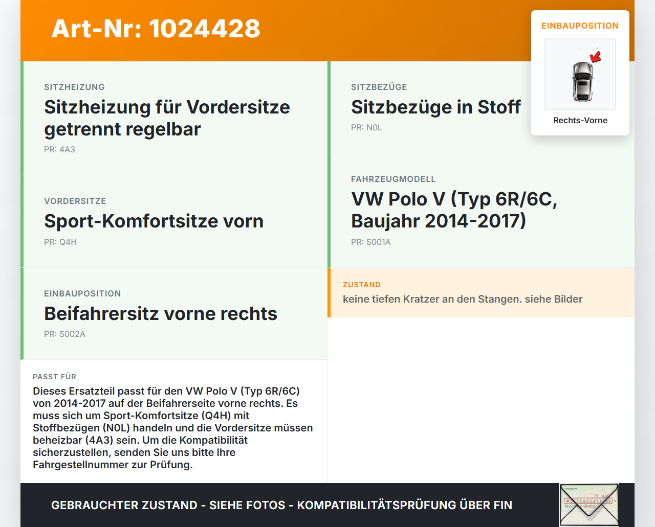 VW Polo V 6R 14-17 5T Kopfstütze für Beifahrer Sitz Rechts Vorne VW Polo V 6R 14-17 11.12.2014 6C0881901B gebraucht Vorschau 3