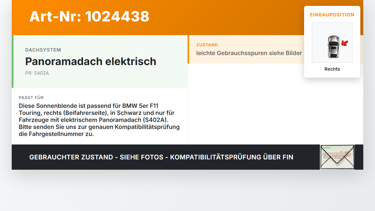 BMW F11 525d 10-14 Sonnenblende Rechts für Beifahrer BMW F11 525d 10-14 04.04.2013 9247164-02 51169247164, 8052466... Vorschau 3