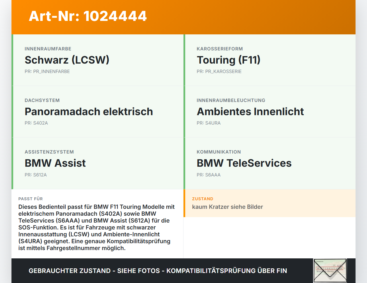 BMW F11 525d 10-14 Bedienteil Schalter Schiebedach SOS Dachkonsole BMW F11 525d 10-14 04.04.2013 AK10000367E gebraucht Vorschau 3