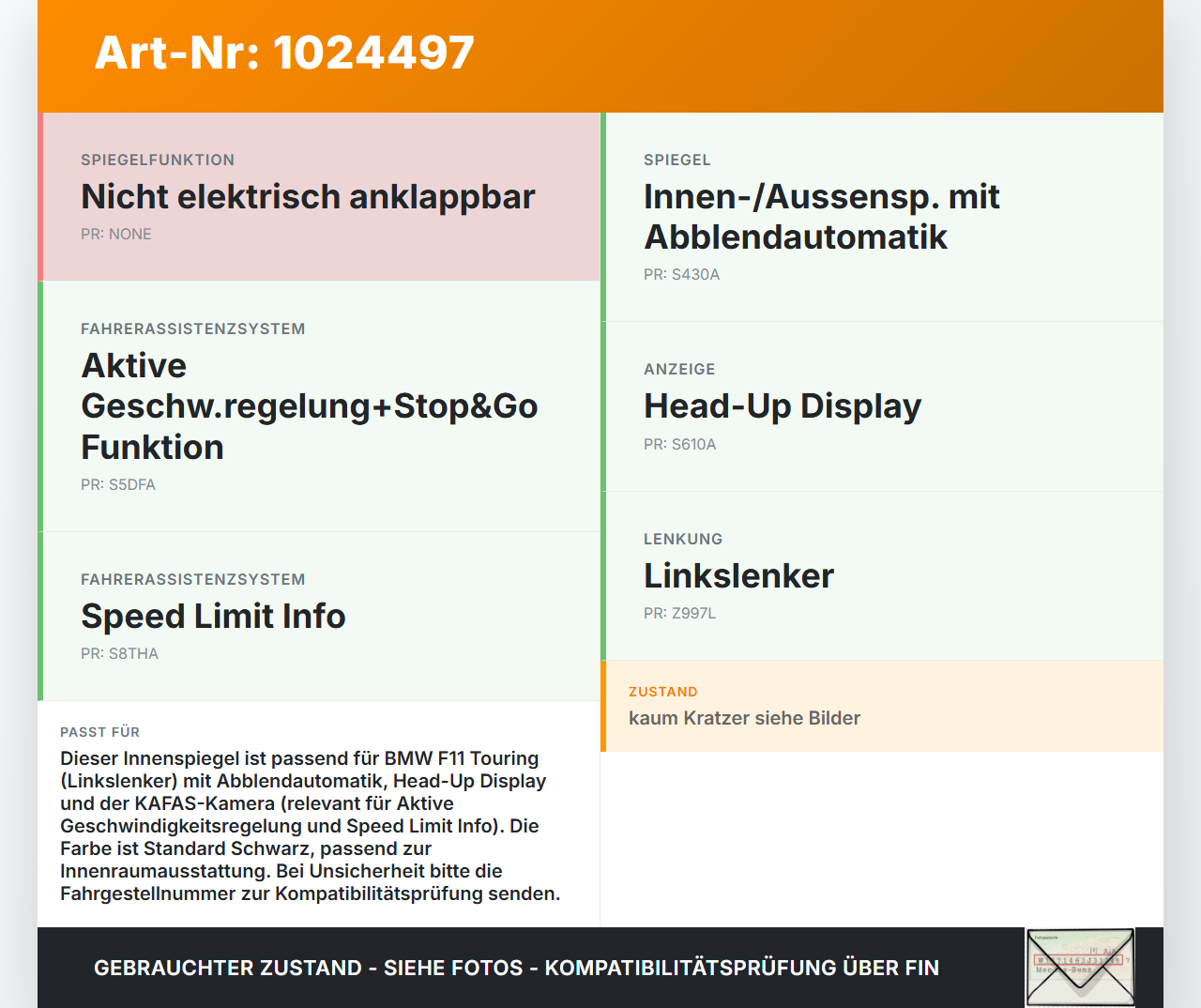 BMW F11 525d 10-14 Innenspiegel Rückspiegel Spiegel Innen BMW F11 525d 10-14 04.04.2013 IS922434002 965-2719-000... Vorschau 3